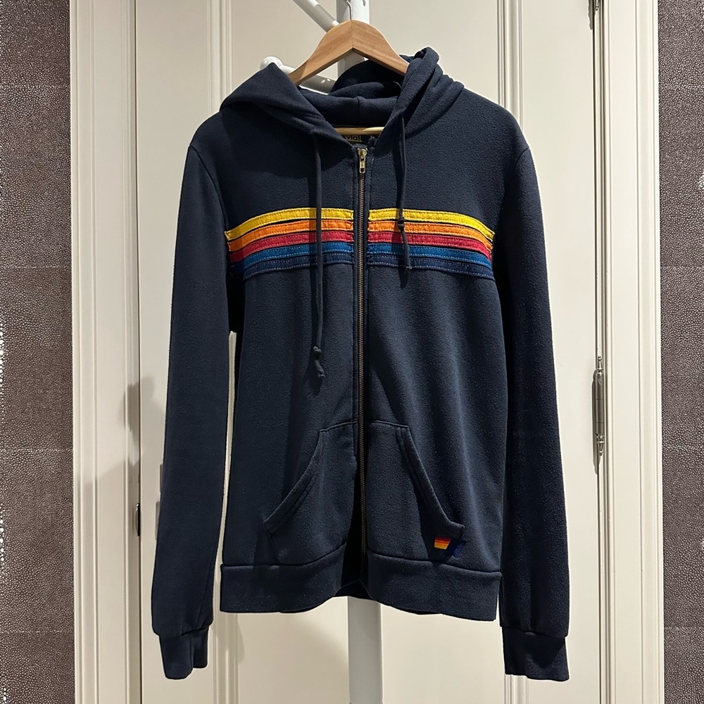 Aviator Nation Navy Hoodie with Rainbow Stripes